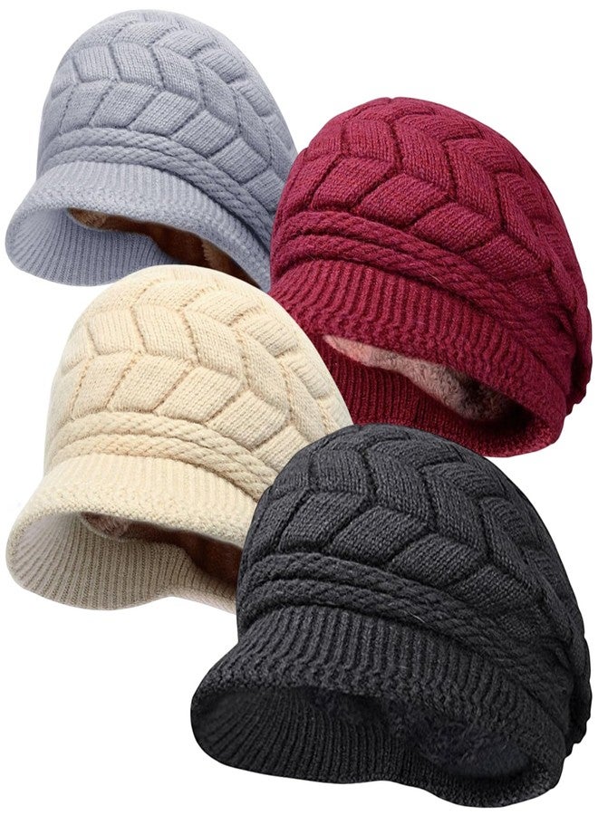 stablerice 4 Pack Womens Winter Beanie Hats Thick Warm Knit Hat with Visor Brim Wool Snow Ski Caps Chunky Soft Slouchy Cap Women Newsboy Caps Ladies Hat Knit Hats for Women - Image 1